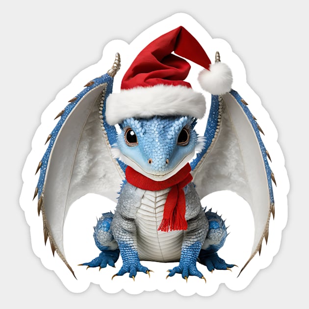 Adorable Blue Baby Dragon Wearing a Red Festive Christmas Hat Sticker by Cuteopia Gallery